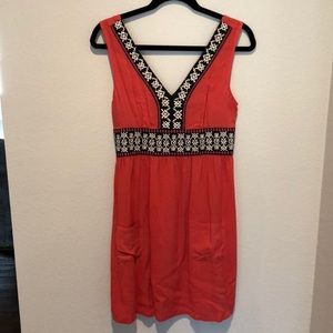 Boutique coral dress with navy/white embroidery